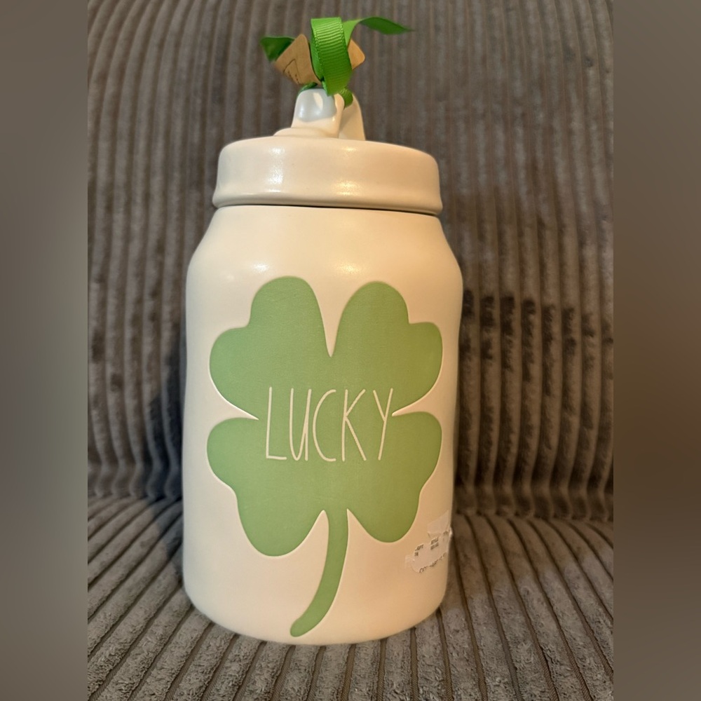 Rae Dunn White Ceramic Jar with Green Shamrock ☘️ LUCKY
